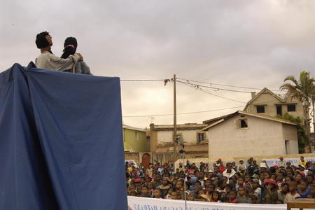 A puppet hygiene education show takes place in Antenitibe, Madagascar.